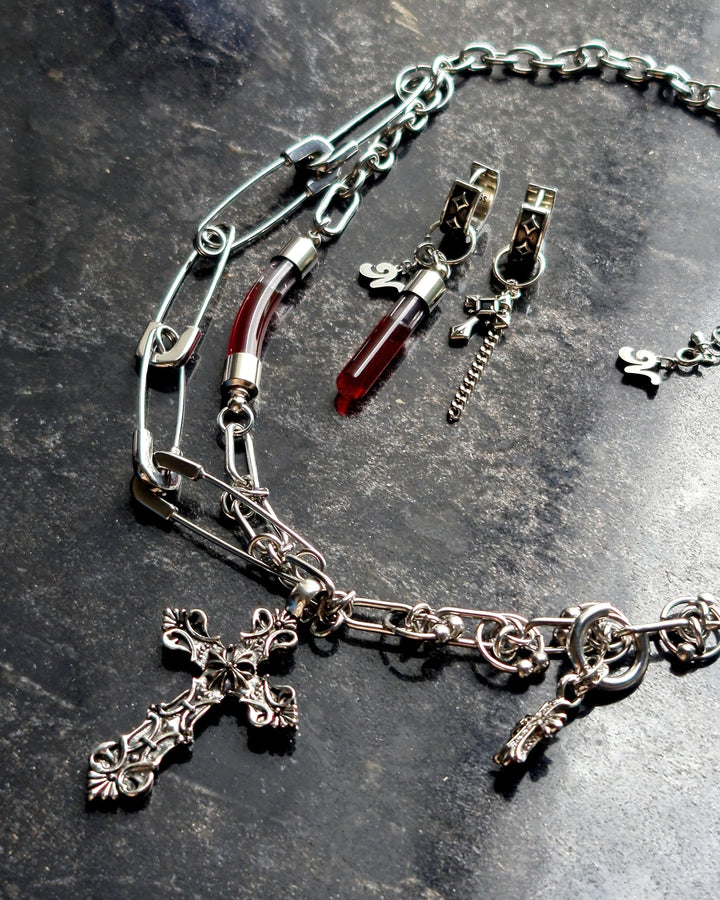 Mismatched Earrings With Imitation Blood Tube And Cross - Nikaneko